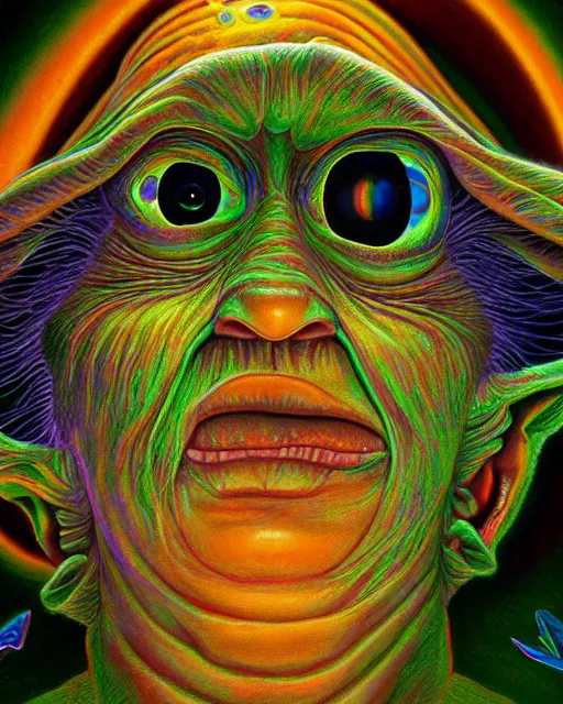 Prompt: portrait ultra dimensional baby yoda entity, accidentally tripping on dmt and acid, psychedelic experience, overwhelming self realization and awakening, ultra high definition, unreal engine 5, hyperrealism, masterpiece composition, surrealism by alex grey, salvador dali, casey weldon, barclay shaw 8 k photorealistic