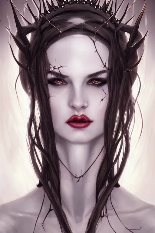 Prompt: Portrait of beautiful pale succubus maiden with crown of thorns, and devil's horns, digital art by Artgerm, highly detailed, trending on artstation, award winning,