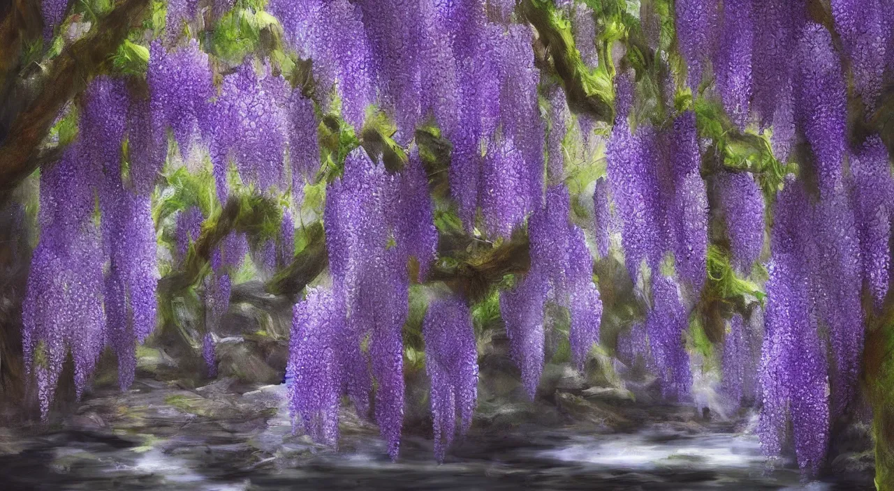 Image similar to wisteria forest with a narrow rocky purple river flowing through it. digital painting. trending on artstation.