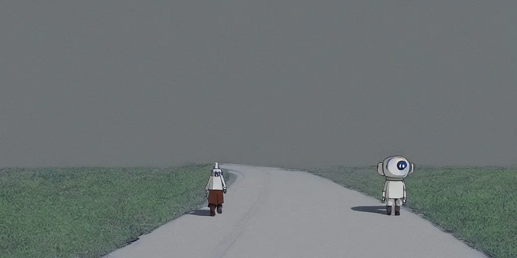 Image similar to A robotic pilgrim walking down a long, empty road, anime style, art by Hayao Miyazaki, art by Studio Ghibli