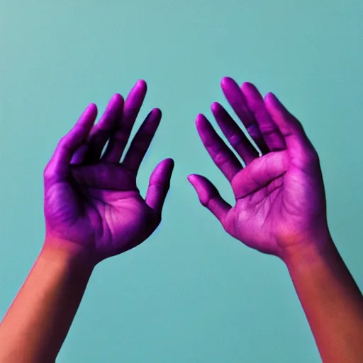 Image similar to two gesturing hands made from an iridescent material in front of a simple background