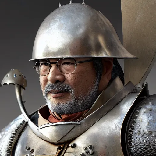 Prompt: miyazaki in a full medieval armor, looking at viewer, very detailed, octane render, portrait photography