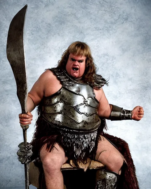 Image similar to chris farley as king conan, directed by john millius, photorealistic, sitting on a metal throne, wearing ancient cimmerian armor, a battle axe to her side, cinematic photoshoot in the style of annie leibovitz, studio lighting