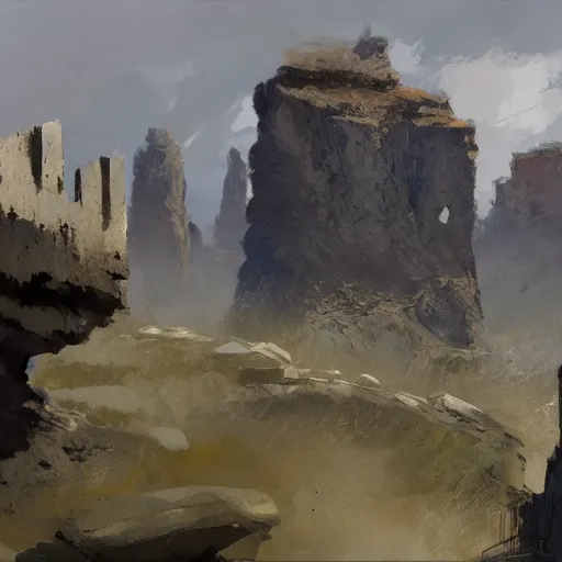 Image similar to concept art by craig mullins : an italian landscape, in the distance a small cliff of white marble can be seen. a stone henge is standig atop of the cliff