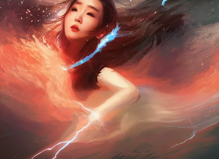 Image similar to seductive lee jin - eun running on water at super speed, emerging from multiversal galactic portal, splashes of lightning behind her, zooming past a small island, by ilya kuvshinov and peter mohrbacher and ruan jia, and m. k. kaluta, rule of thirds, coherent symmetry, close up, majestic, beautiful eyes