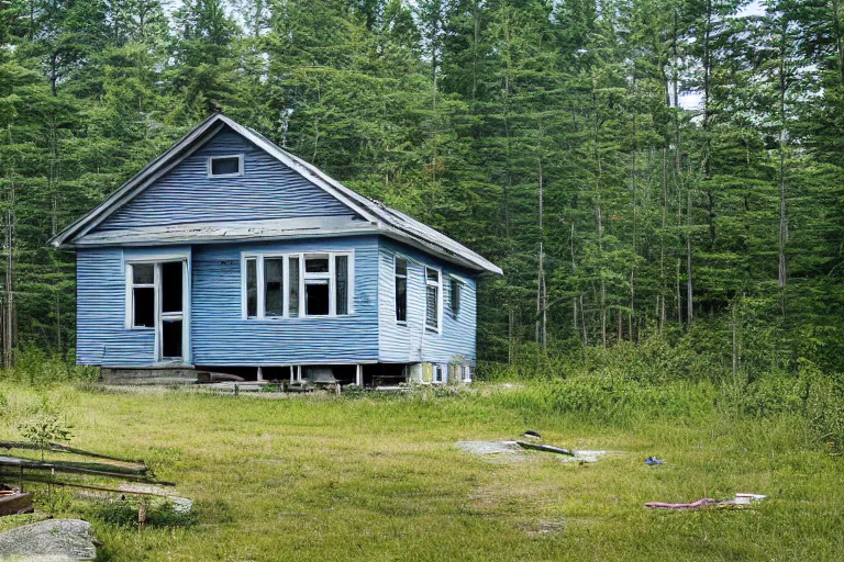 Prompt: a solitary 1 9 6 0 s bungalow style cottage [ heavily damaged with age ] on raven lake, near the outskirts of halifax, ns. hd photography, realistic, inspired by gregory crewdson.