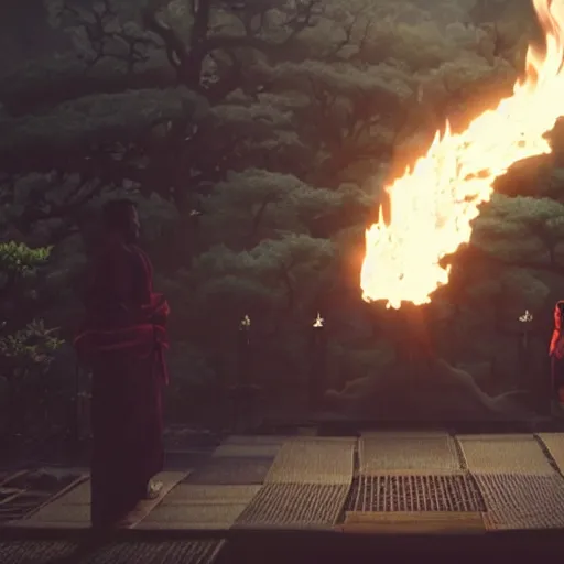 Image similar to cinematic film still of J Cole starring as a Samurai holding fire, Japanese CGI, VFX, 2022, 40mm lens, shallow depth of field,film photography