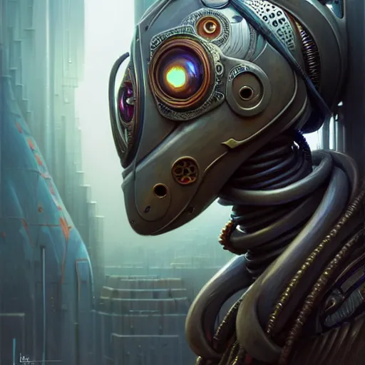 Image similar to low angle shot of a cyberpunk gazmask robot character wearing a gazmask, intricate, elegant, highly detailed, centered, digital painting, artstation, concept art, smooth, sharp focus, illustration, artgerm, Tomasz Alen Kopera, Peter Mohrbacher, donato giancola, Joseph Christian Leyendecker, WLOP, Boris Vallejo