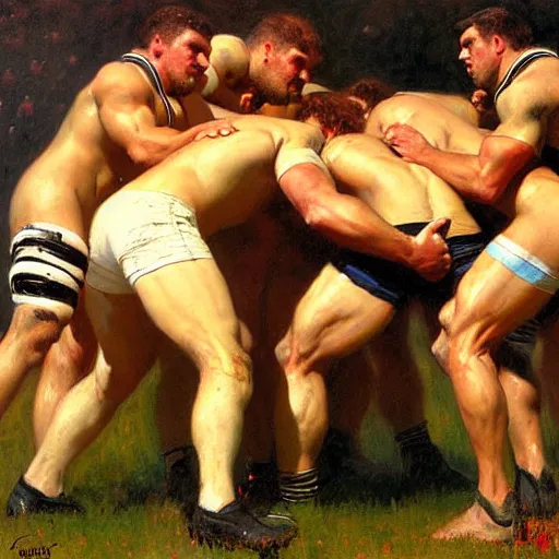 Image similar to handsome rugby players in a scrum painting by gaston bussiere, craig mullins, j. c. leyendecker, tom of finland