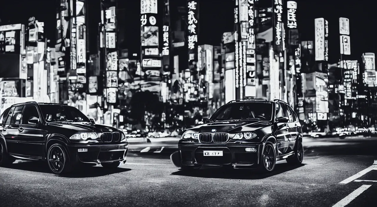 Image similar to photo of a black bmw x 5 2 0 0 3 at night driving fast through a city, cinematic, 4 k, long exposure photography, tokyo drift, fast and furious, kodak portra 4 0 0