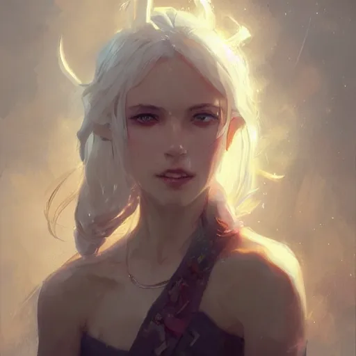 Prompt: a portrait of a beautiful lady with adorable eyes, light smiling, art of wlop and greg rutkowski, epic fantasy art, bright light masterpiece, ray of light through white hair