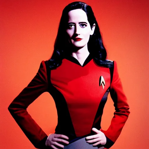 Image similar to a full body photograph of 3 0 year old eva green as a star fleet officer from star trek next generation, extreme realism and detail, 8 k, completely framed, direct lighting, 3 5 mm photo, photorealistic, sharp focus