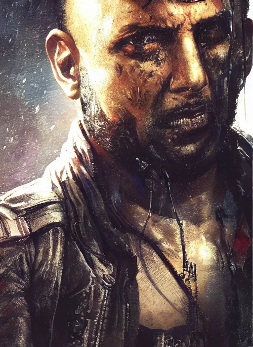 Image similar to cyberpunk military indian man ( blade runner 2 0 4 9, dystopian, cyberpunk 2 0 7 7 character design ), advanced warfare, attractive face. portrait by james gurney and laurie greasley and yoji shinkawa, oil on canvas. cinematic composition, hyper realism, realistic proportions, anatomy, dramatic lighting, photorealistic, high detail, 4 k