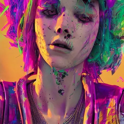 Image similar to splashes of neon, mowhawk, punk women portrait made out of paint, trending on artstation, epic composition, emotional, beautiful, rendered in octane, highly detailed, realistic, tim burton comic book art, sharp focus, unreal engine, depth of field, path tracing