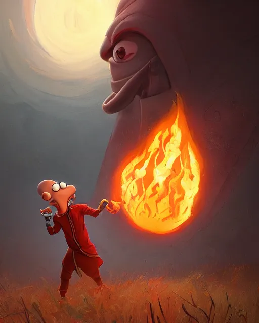 Image similar to wide shot, detailed photorealistic cartoony face, squidward, wearing fire nation clothing and practicing firebending outside at susnset, [ greg rutkowski ]