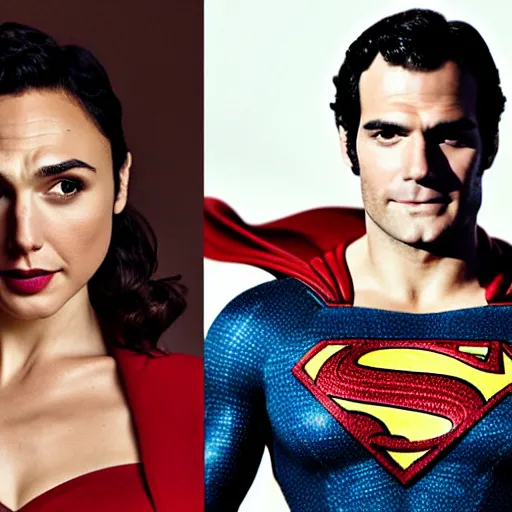 Image similar to a portrait of Gal Gadot wearing Superman suit of Henry Cavill version