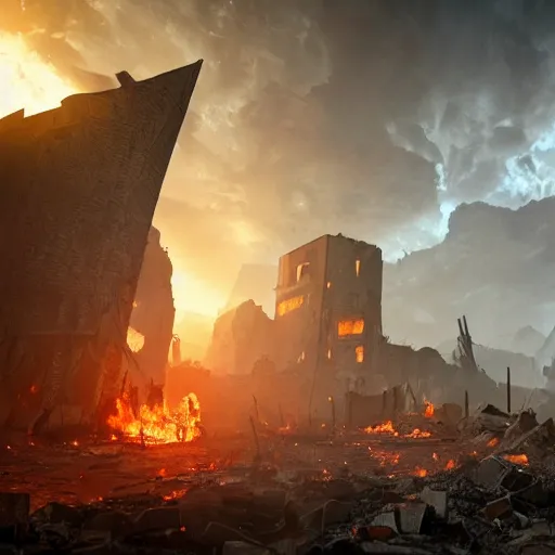 Image similar to post apocalyptic earth with fire everywhere and destroyed buildings, surreal, sharp focus, digital art, epic composition, concept art, dynamic lighting, intricate, highly detailed, 8 k, unreal engine, blender render