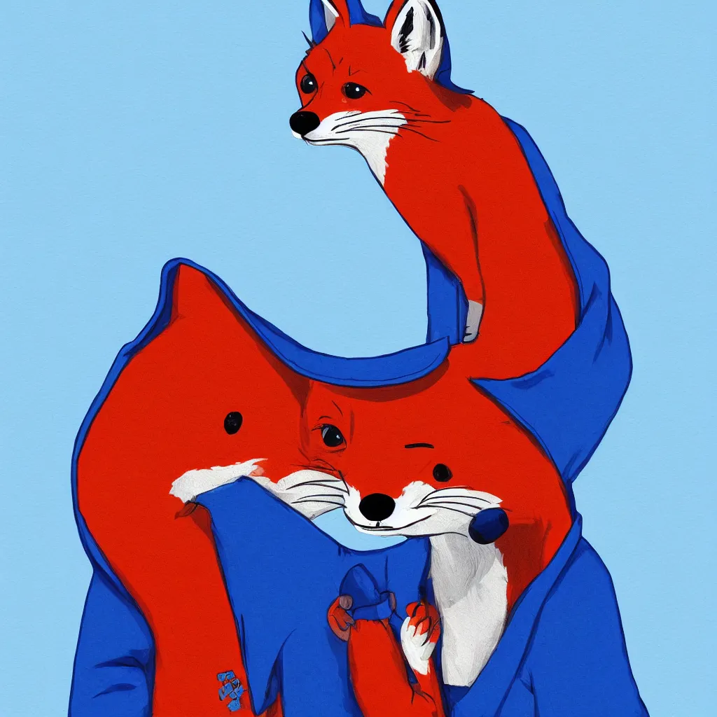 Image similar to a red fox in a blue hoodie on the white background holding a notebook, stroke painting, cartoon style, digital art picture, highly detailed, artstation