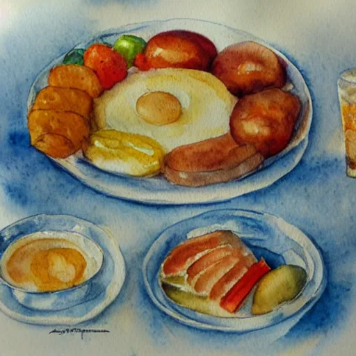 Image similar to impressionism watercolor painting of a large breakfast