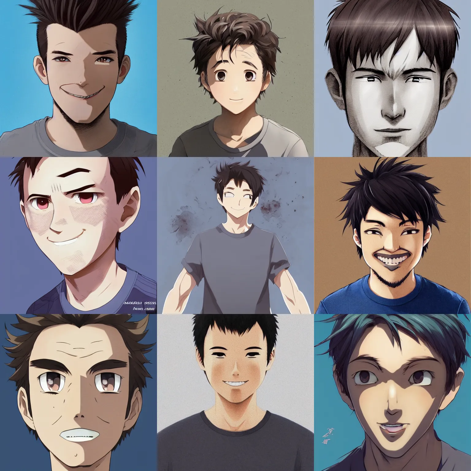 Prompt: A medium shot anime portrait of a happy anime man with extremely short walnut hair, grey-blue eyes, wearing a t-shirt, his whole head fits in the frame, solid background, head shot, by Stanley Artgerm Lau, WLOP, Rossdraws, James Jean, Andrei Riabovitchev, Marc Simonetti, and Sakimi chan, trending on artstation