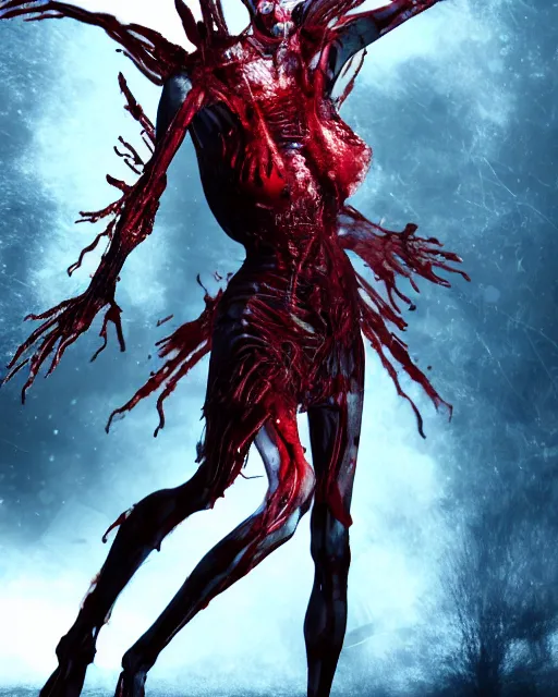 Prompt: enraged queen of blood, red eyes, skeletal, particle effects, realistic, highly detailed, cinematic