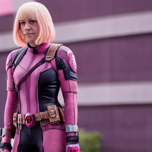 Image similar to A still of Gwenpool in Deadpool 3 (2023), no mask, blonde hair with pink highlights