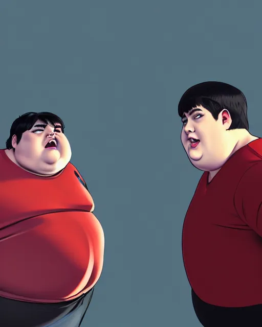 Image similar to a comic potrait of fat obese dan schneider from drake and josh with black and red parts, fine - face, realistic shaded perfect face, fine details. night setting. very anime style. realistic shaded lighting poster by ilya kuvshinov katsuhiro, unreal engine, global illumination, radiant light, detailed and intricate environment