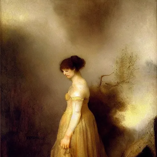 Prompt: a beautiful woman, petite and fae, wearing a sheer white dress, there is mist, the dress is soaking wet, it clings to her body. masterpiece painting. rembrandt