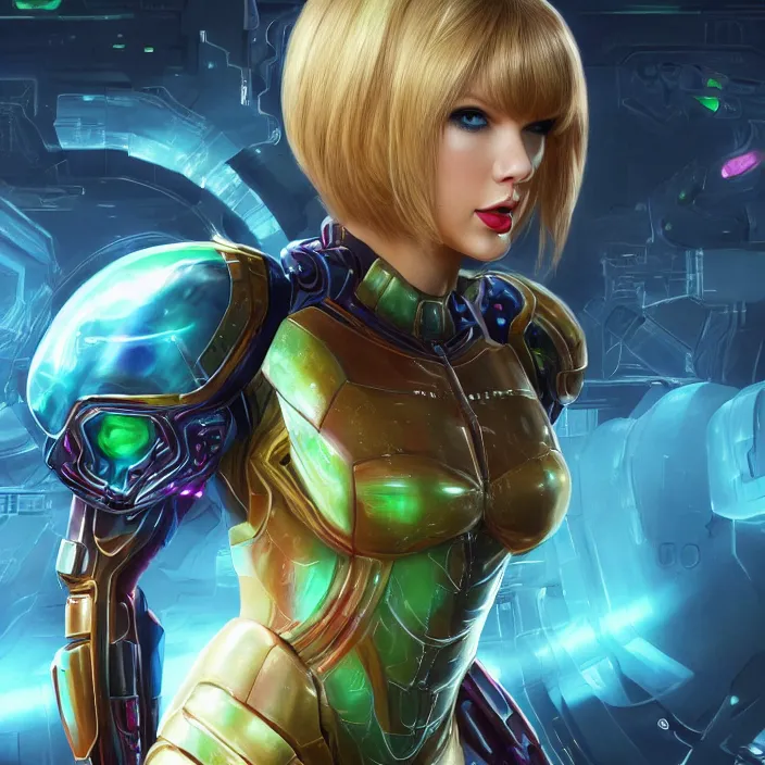 Image similar to portrait of Taylor Swift as SAMUS ARAN. metroid. HD, 4K. intricate abstract. intricate artwork. by Tooth Wu, wlop, beeple, dan mumford. octane render, trending on artstation, greg rutkowski very coherent symmetrical artwork. cinematic, hyper realism, high detail, octane render, 8k, iridescent accents.