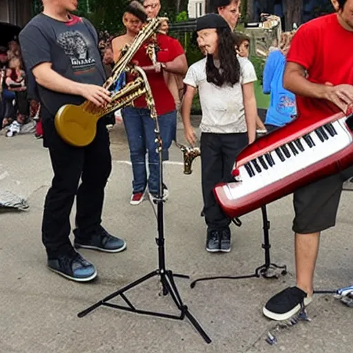 Prompt: Rage against the machine playing jazz on toy instruments in front of a crowd of angry parents