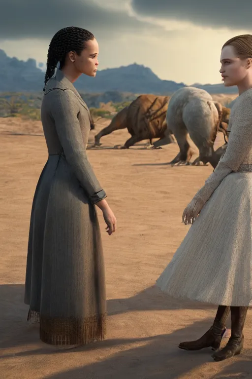 Prompt: Tessa Thompson and Evan Rachel Wood star in HBO's Westworld, 3d render, Pixar