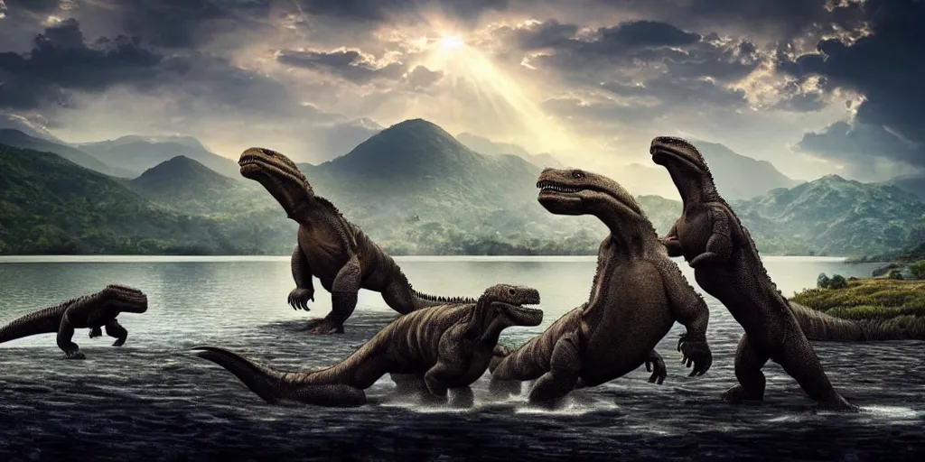 Image similar to amazing prehistoric landscape photo of tyrannosaurus and komodo fighting beside the lake, beautiful dramatic lighting