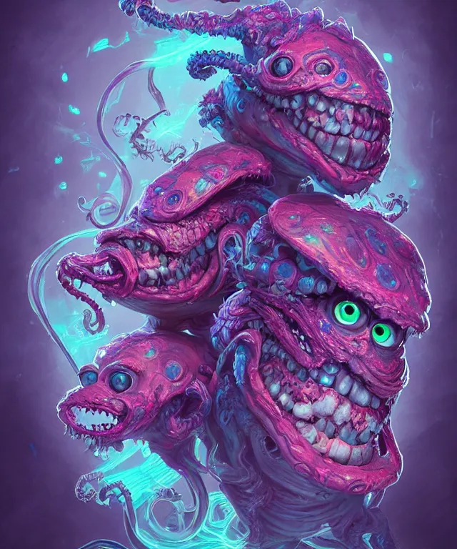 Prompt: a two headed xanathar made of bioluminescence in the art style of monsters inc, fantasy, elegant, crisp 8 k line art, digital painting, artstation, unreal engine, octane render, emissive lighting, concept art, matte, sharp focus, hyper realistic lighting, illustration, deep royal blue and pink color scheme, art by carne griffiths