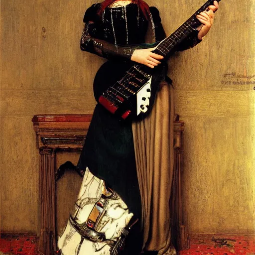 Image similar to Goth girl playing electric guitar by Mario Testino, oil painting by Lawrence Alma-Tadema, masterpiece