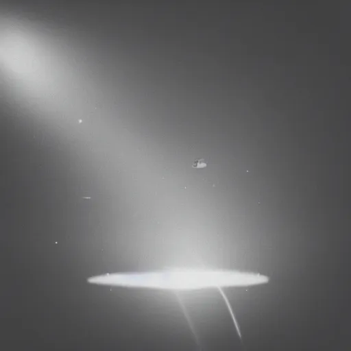Image similar to film photography, ufo floating in the sky, beam of light coming down, alien abduction, dark, night, ufo lights, area 5 1 vibes, film grain, award - winning photo