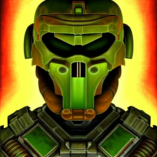 Image similar to portrait of doomguy from game doom, highly detailed, 8 k render centered, digital painting