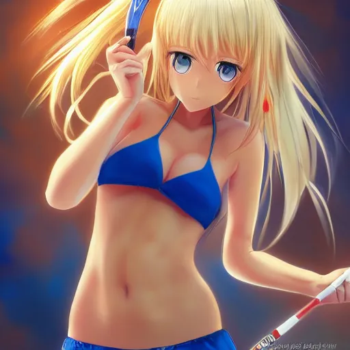 Image similar to full body shot : a very beautiful young blond tennis anime girl, sky blue eyes, golden chains, tattoo, bikini, miniskirt, highly detailed, cinematic wallpaper by stanley artgerm lau