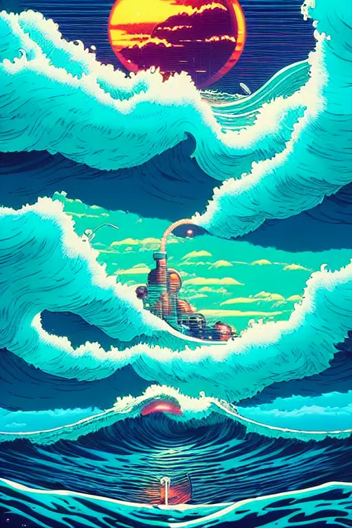 Prompt: an ocean wave swirling in the sky by simon stalenhag and dan mumford and arthur adams, surrealism, hyper detailed, retrowave, solarpunk