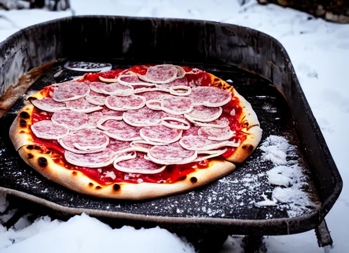 Image similar to clear highly detailed photorealistic food photograph of a wood oven cooked pizza half frozen in ice with salami pepperoni lying in the snow