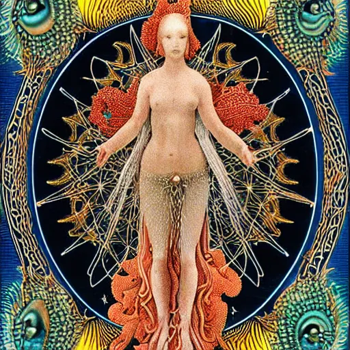 Image similar to tarot card intricate of ocean goddess by Ernst Haeckel,coral,pearls,jellyfish,vivid color