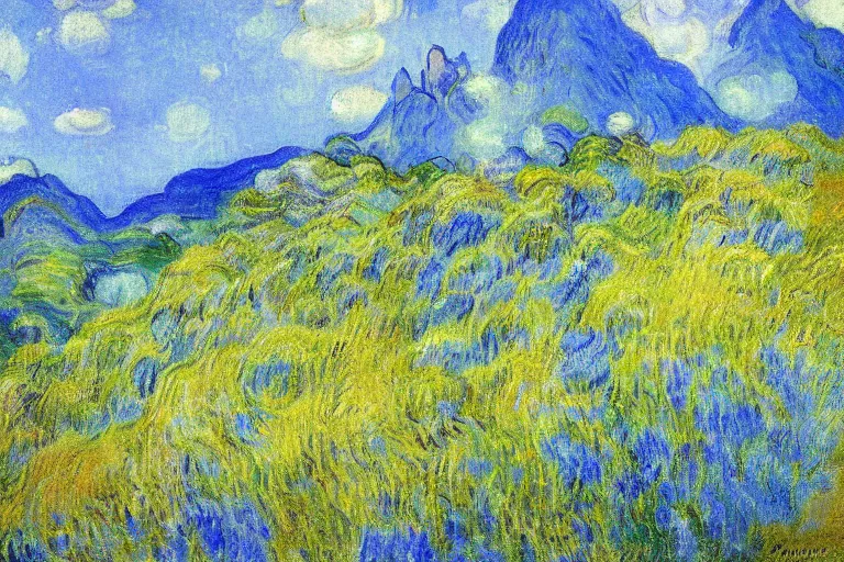 Prompt: beautiful blue mountain in Italy, painted by Monet and Van Gogh and Redon