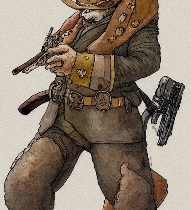Image similar to a watercolor ink painting of an anthropomorphic bunny mercenary / gunslinger posing with their revolver in the style of jean giraud in the style of moebius trending on artstation deviantart pinterest detailed realistic hd 8 k high resolution