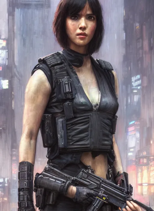 Prompt: 👩🏻🎤. cyberpunk police trooper in a military vest ( blade runner 2 0 4 9, cyberpunk 2 0 7 7 ). orientalist portrait by john william waterhouse and james gurney and theodore ralli and nasreddine dinet, oil on canvas. cinematic, hyper realism, realistic proportions, dramatic lighting, high detail 4 k