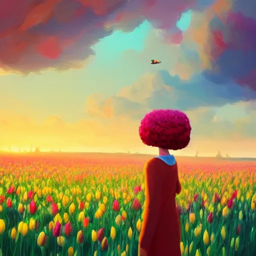 Image similar to tulip head, girl floating in a flower field, surreal photography, sunrise dramatic light, impressionist painting, colorful clouds, digital painting, artstation, simon stalenhag