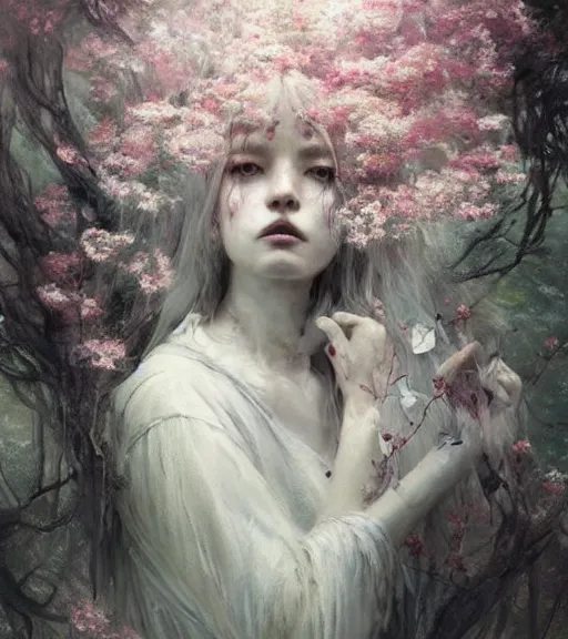 Prompt: a beautiful terrifying but angel ghost spirit sad female portrait black eyes twisted trees, crying tears, butterfly, blooming made of flowers. ethereal horror fantasy art by greg rutkowski and raymond swanland and monet, ruan jia, by wlop,