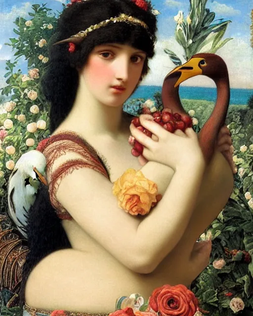 Prompt: beautiful portrait of a goddess hugging a swan, beautiful eyes, pomegranates and roses, close-up portraiture, golden ratio, painted by John William Godward and Jean Auguste Dominique Ingres and Anna Dittman,