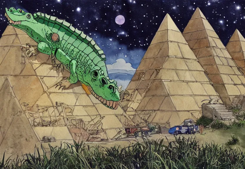 Image similar to a hyperrealist watercolor concept art from a studio ghibli film showing a giant beige mechanized crocodile from howl's moving castle ( 2 0 0 4 ). a pyramid is under construction in the background, in the rainforest on a misty and starry night. by studio ghibli