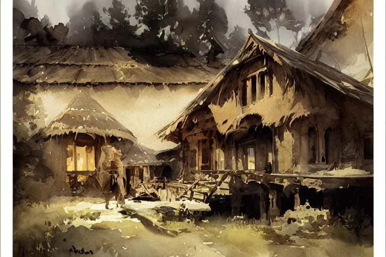 Prompt: abstract watercolor painting of hedonic scandinavian king house, in stone, straw roof, war lord, magical and traditional, runes, cinematic light, national romanticism by anders zorn, by greg rutkowski, by greg manchess