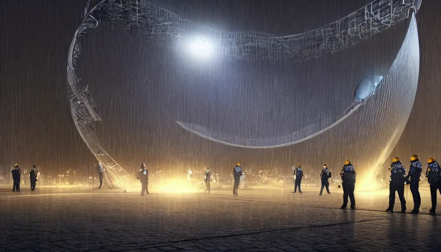 Image similar to policemen protect a huge spiral - shaped luminous object right in the center of the city from protesting people, night, rain and light fog, professional lighting, concept art in 3 d, high detail, professional lighting