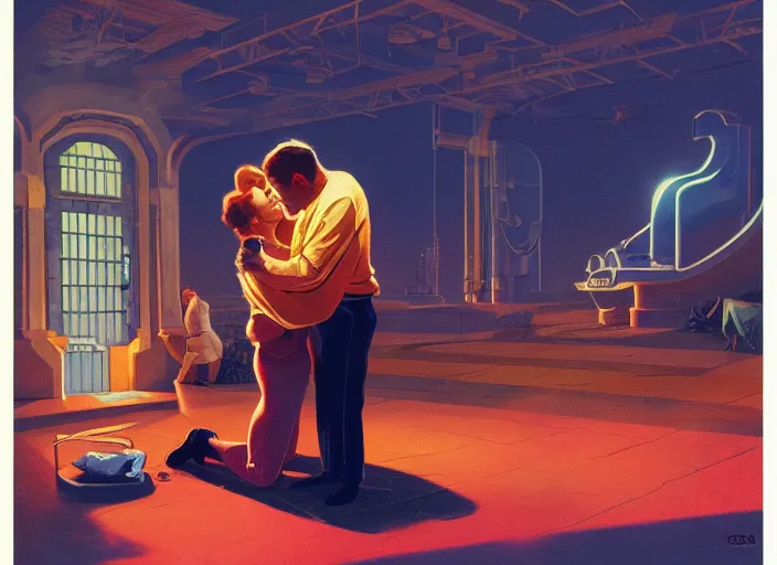 Prompt: A couple is crouched on the ground, they are scared, illustration by Greg Hildebrandt, retrofuturism, reimagined by industrial light and magic